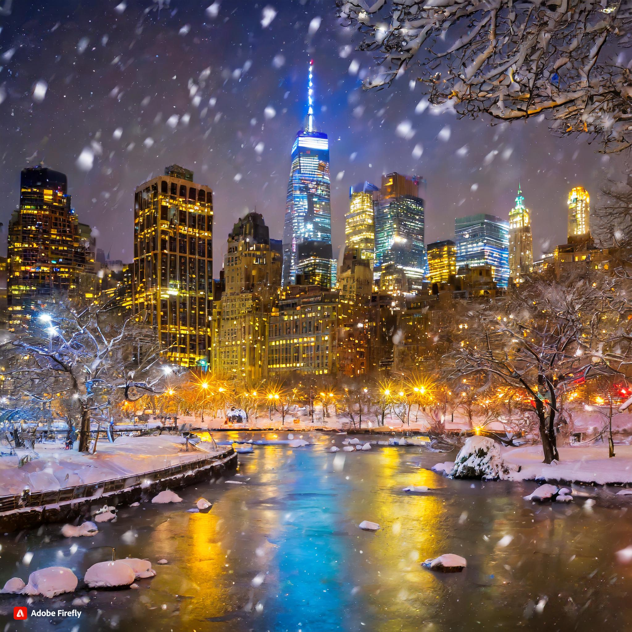 Firefly New York City, wintertime, night, city lights